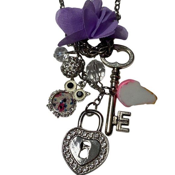 Tween Hypo Allergenic Fashion Key & Heart Necklace Charms Purple Flower - Picture 7 of 10